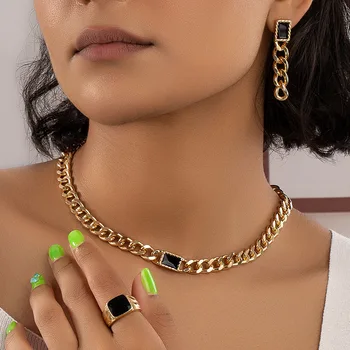 Классическое кубинское ожерелье с цепочкой для женщин Модные ювелирные изделия Набор Квадратная эмаль Кулон Цепочки Браслет Кольцо Аксессуары для вечеринок