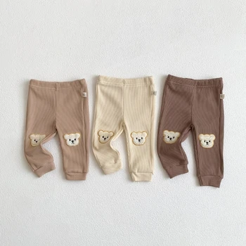 хлопчатобумажные детские брюки милый мультяшный медведь аппликация для мальчиков и девочек брюки со средней эластичной талией брюки для малышей детские повседневные брюки в рубчик