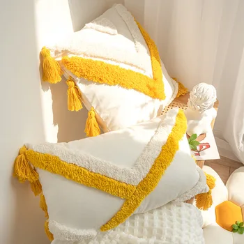 Желто-белый тафтинговый чехол для подушки Большая кисточка Симпатичный чехол для подушки Декоративный диван для гостиной и спальни Наволочки 45 * 45 30 * 50 см